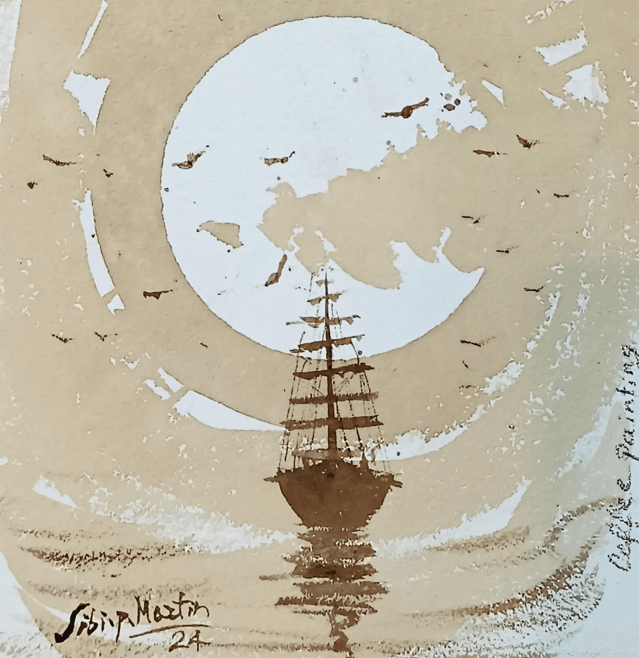 Coffee & Oil painting of a tall sailing ship