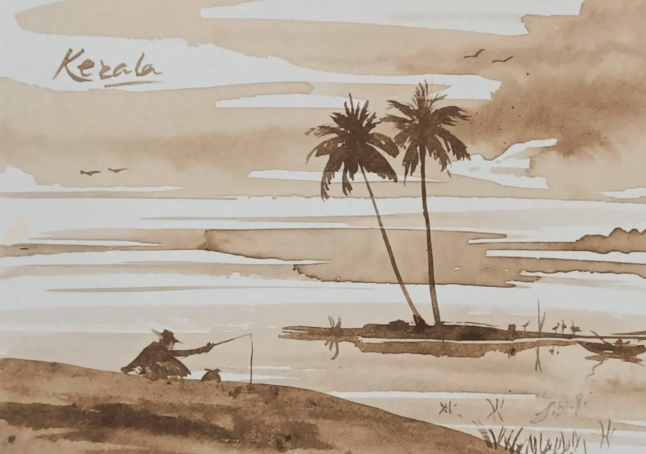 Sepia oil painting of a Kerala fisherman on riverbank