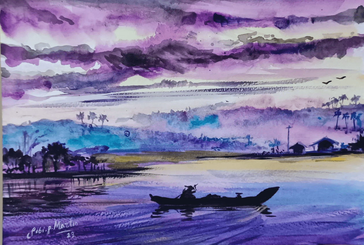 Vibrant purple and blue landscape painting of Kerala backwater canoe